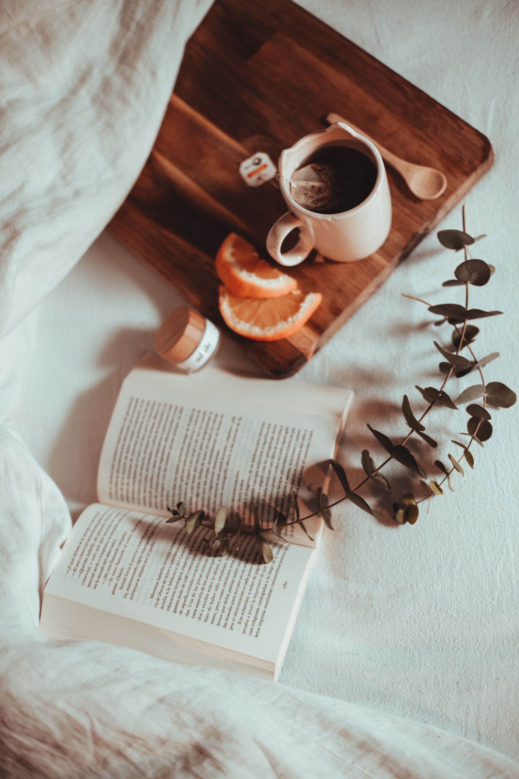 A warm and inviting scene of a morning setup with tea, fresh orange slices, and an open book on a wooden tray.